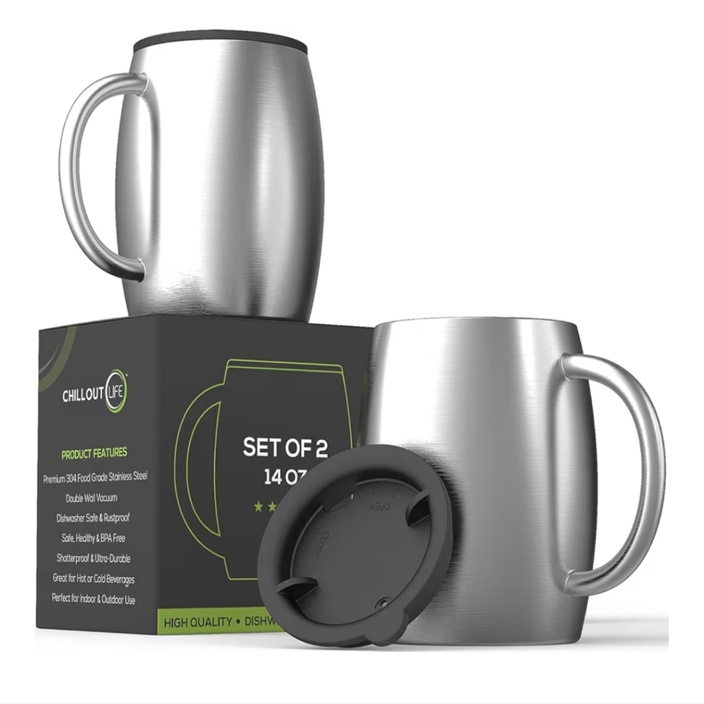 CHILLOUT LIFE Stainless Steel Insulated Coffee Mugs Set of 2 (14oz) - NIB